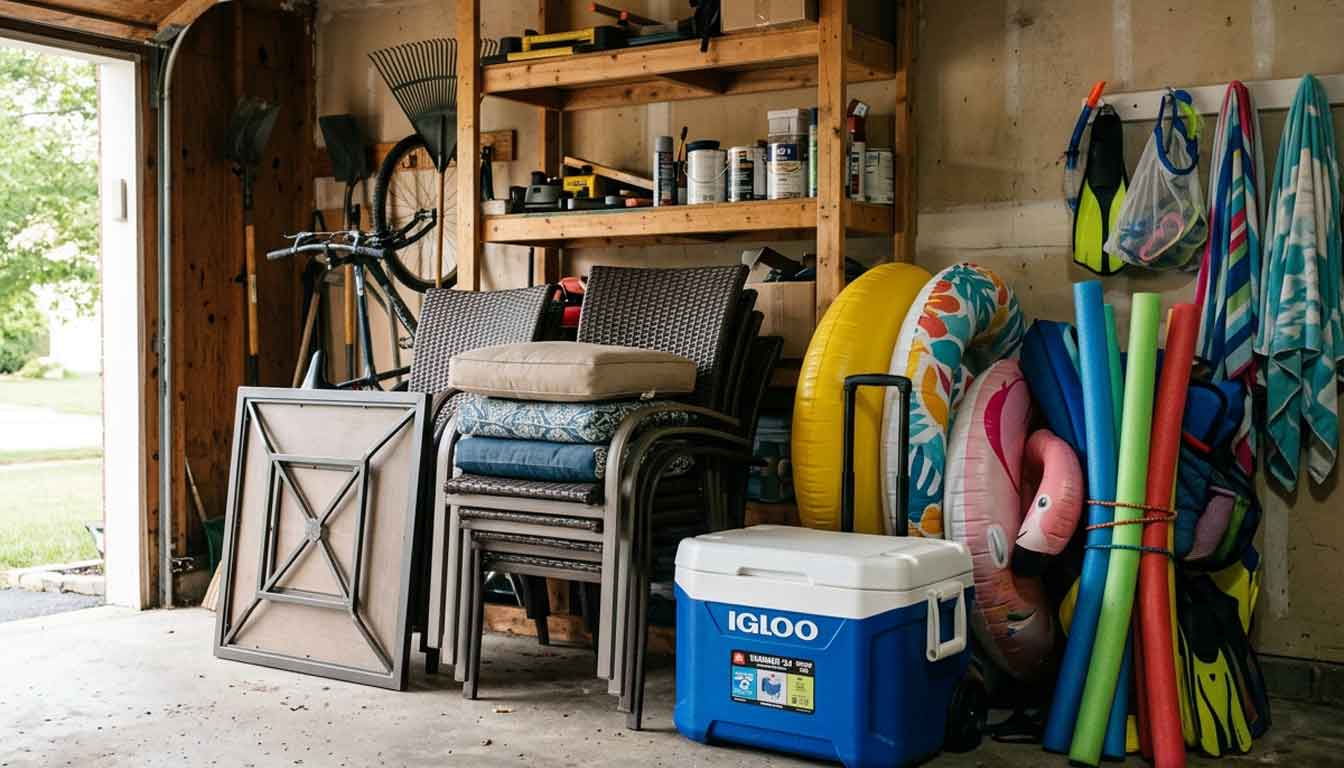 Patio furniture, a cooler, and pool gear stacked in a garage at the end of summer