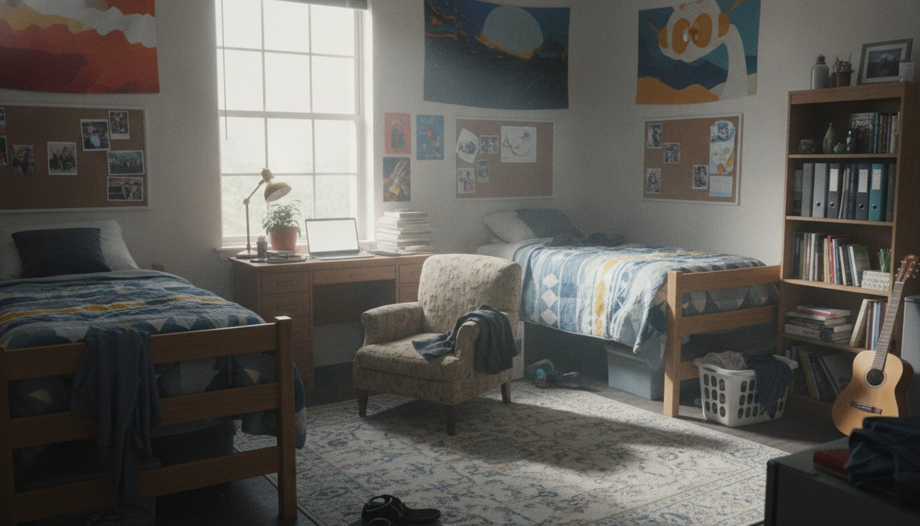 A college dorm room with two beds, a desk, and a bookshelf